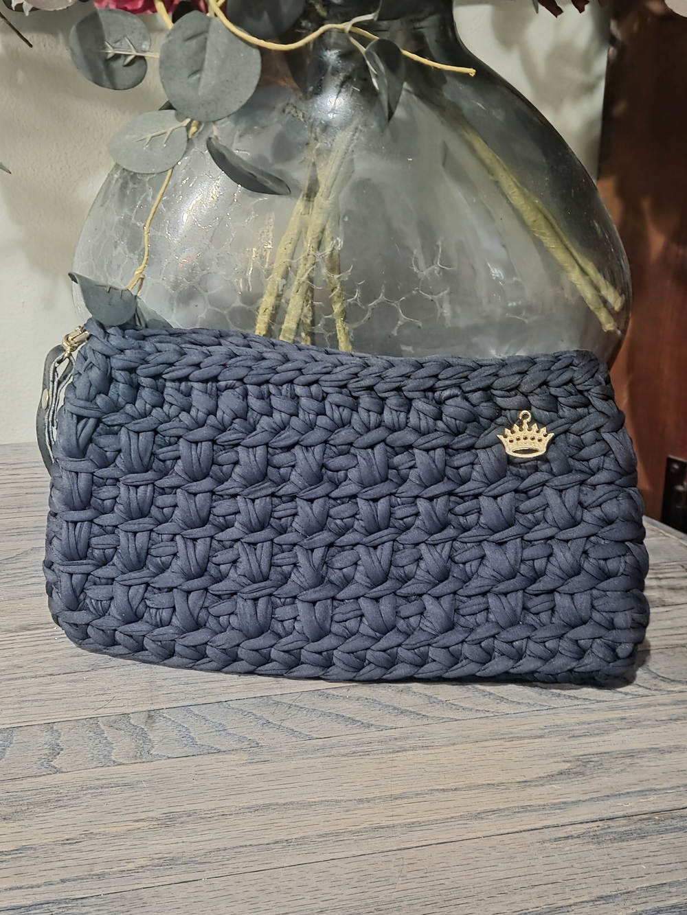 Handwoven Navy Crochet Clutch with Gold Crown Accent